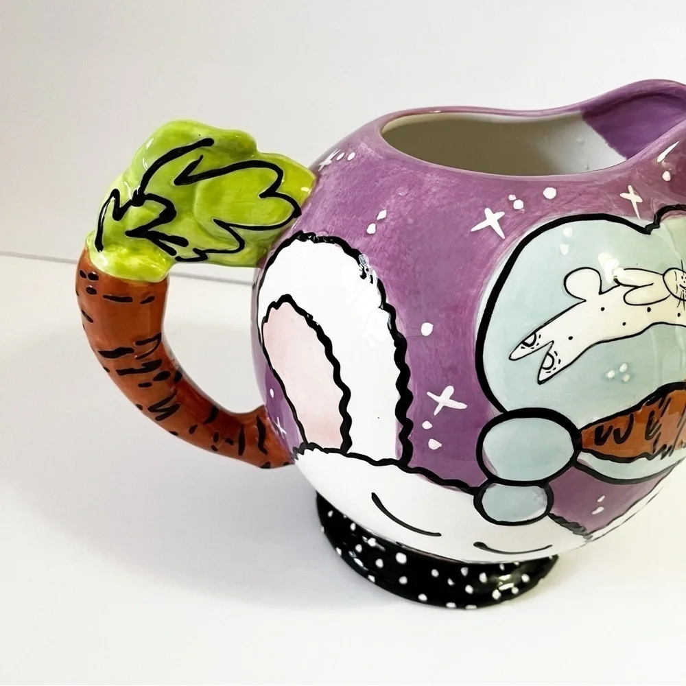 Joanne Delomba for Lostus Bunny Rabbit Pitcher Carrot Handle Whimsical Easter
